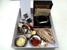 A box of assorted lady's and gent's watches to include Accurist, costume jewellery,