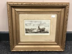 An antiquarian etching, 'The West of the Dunes, Warkworth Beach near the North Pier', 8 x 10 cm,