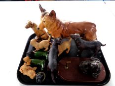 A tray containing a Melba Ware figure of a corgi together with a quantity of contemporary dog