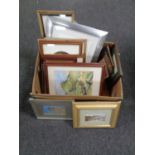 A box of assorted framed pictures and prints to include oil painting of King Edward's Bay with