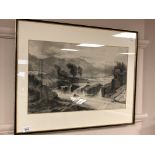 A monochrome print depicting a moorland, 50 x 32 cm, framed.