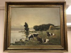 Continental school : Cattle watering, oil on canvas, 39 x 30 cm, indistinctly signed, framed.