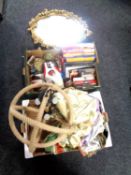 Two boxes of rope light fitting, material, chalk gilt framed mirror, books,