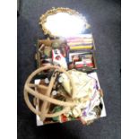 Two boxes of rope light fitting, material, chalk gilt framed mirror, books,