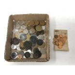 A box of coins to include uncirculated half pennies, commemorative FA Cup coins,