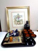 A tray of miscellany to include boxed Ronson Varaflame table lighter, treen boxes,