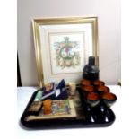 A tray of miscellany to include boxed Ronson Varaflame table lighter, treen boxes,