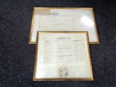 An antique indenture on velum in frame together with one other framed high court document