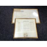 An antique indenture on velum in frame together with one other framed high court document