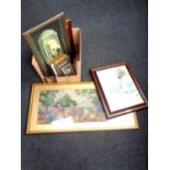 A box containing a collection of assorted contemporary framed prints, tapestries,