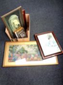 A box containing a collection of assorted contemporary framed prints, tapestries,