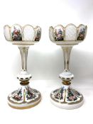 A good quality pair of Victorian hand painted gilded glass vases, height 32.5 cm.