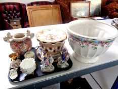 A tray of miscellaneous china to include Japanese Satsuma twin handled pot, continental figures,