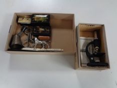 A box of treen snuff boxes, Merit student microscope,