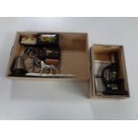 A box of treen snuff boxes, Merit student microscope,