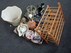 Two boxes containing miscellaneous to include antique and later glassware, table lamps with shade,