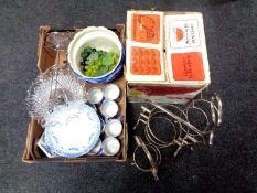 Two boxes of assorted glass ware, blue and white china to include Spode Italian mugs, planter,
