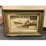L E Hopy : Two foxes in snow, oil on board, 42 x 23 cm, signed, framed.