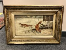 L E Hopy : Two foxes in snow, oil on board, 42 x 23 cm, signed, framed.