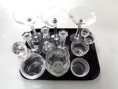 A tray of assorted glass ware to include decanter, candlesticks,