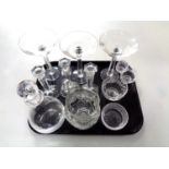 A tray of assorted glass ware to include decanter, candlesticks,