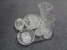 A tray containing 20th century cut glass vases, bowls, basket etc.