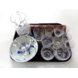 A tray containing assorted antique and later drinking glasses, cut glass water jug,