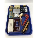 A tray of collectables to includes antique silver mounted pipe, silver plated pocket watch,