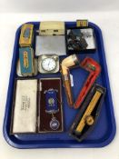 A tray of collectables to includes antique silver mounted pipe, silver plated pocket watch,