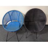 Two 1970's woven plastic tub chairs on metal legs.