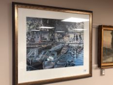 Continental School : Boats on a lake, colour print, framed,