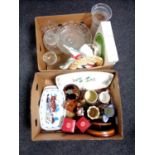 Two boxes of miscellaneous china and glass ware, place mats,