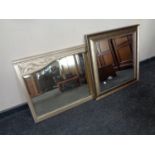 A painted silvered framed bevelled overmantel mirror together with a further contemporary bevelled