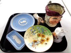 A tray containing assorted china to include Royal Doulton character jug, Simon Cellarer,