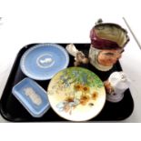 A tray containing assorted china to include Royal Doulton character jug, Simon Cellarer,