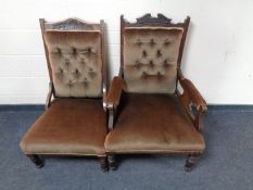 An Edwardian gentleman's armchair upholstered in a brown buttoned dralon and similar lady's chair