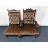 An Edwardian gentleman's armchair upholstered in a brown buttoned dralon and similar lady's chair