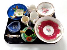 A tray containing assorted china to include Art Deco Carlton ware jug, Carlton ware dish,