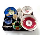 A tray containing assorted china to include Art Deco Carlton ware jug, Carlton ware dish,