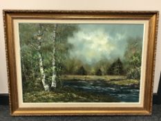 Jean Medina : Stream through woodland, oil on canvas, framed,