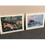 Two colour prints depicting a landscape and a nude study, 79 x 59 cm, both framed (2).