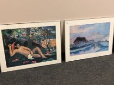 Two colour prints depicting a landscape and a nude study, 79 x 59 cm, both framed (2).