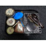 A tray containing cut glass trinket tray, dressing table brushes and mirrors, powder bowls.