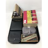 A tray containing a vintage movie camera, a viewmaster, shavers etc.