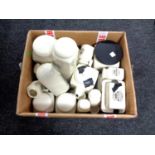 A box of vintage home kitchen ware to include storage jars, teapots,