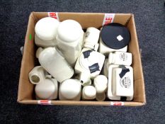 A box of vintage home kitchen ware to include storage jars, teapots,