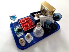 A tray of cut glass perfume bottle, cut glass and plated cruet set, napkin rings,