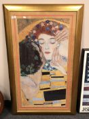 After Gustav Klimt : The Kiss, colour print, 50 x 97 cm, framed.
