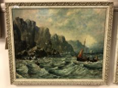G S Swainson (Late 19th/20th century) : Fishing boat by rocks, oil on canvas, 50 x 39 cm, signed,