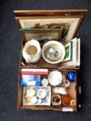 Two boxes containing miscellaneous to include antique pottery wash jug and transfer printed planter,